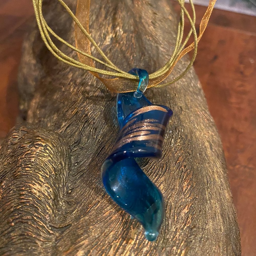 Blown glass twirled pendant on twine and ribbon